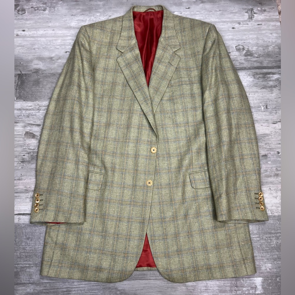 Tom James Olive w/ Rust & Blue Plaid Sport Coat 46L